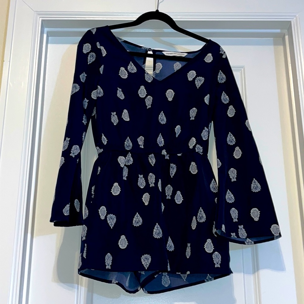 Dark Blue V-neck Long Sleeved Romper